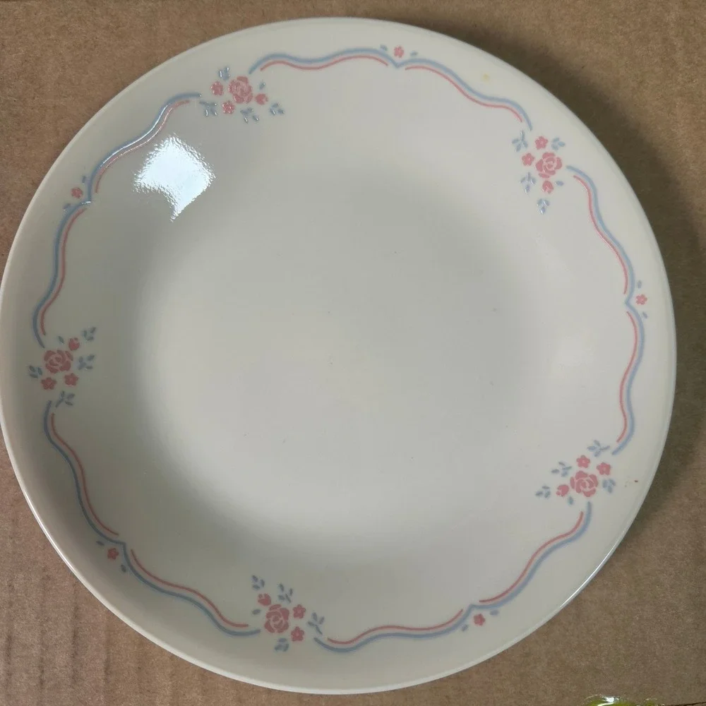 Corelle English Breakfast Bread‎ Butter Plates 4 Pink Floral Blue Ribbon 6.75 in